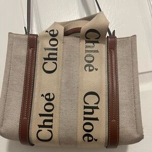 Chloe Small Woody Logo Strap Linen tote- authentic